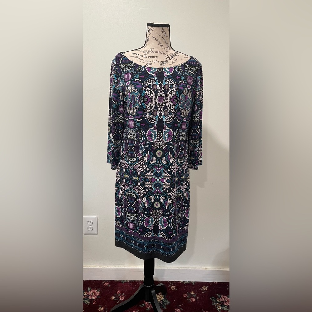 Laundry By Shelli Segal Purple and Blue Patterned Long Sleeve Dress